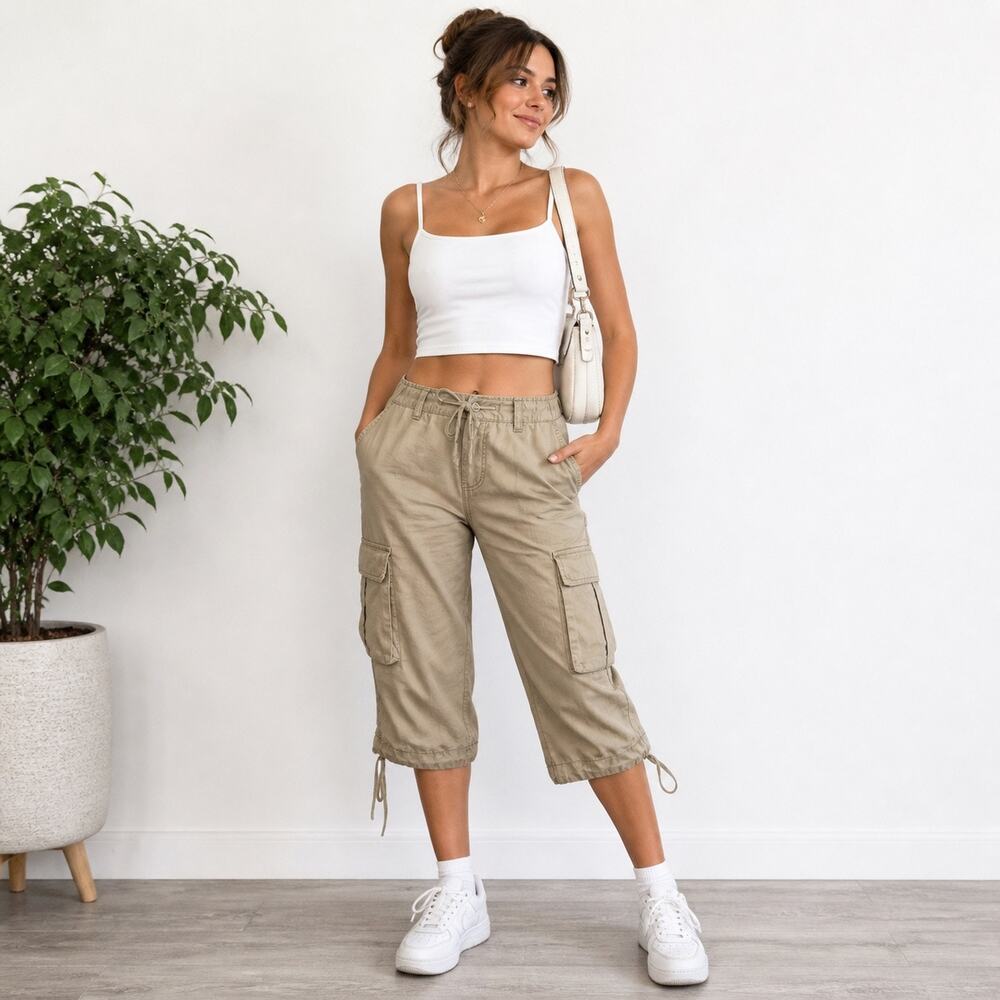 Aeropostale Khaki Cargo Capri Pants Y2K Utility Pockets Mid Rise Sz M